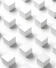 An artistic composition with a series of minimalist white cubes forming an intriguing pattern. Captured with precision, offering a clean, modern aesthetic, highlighting the geometry, form.