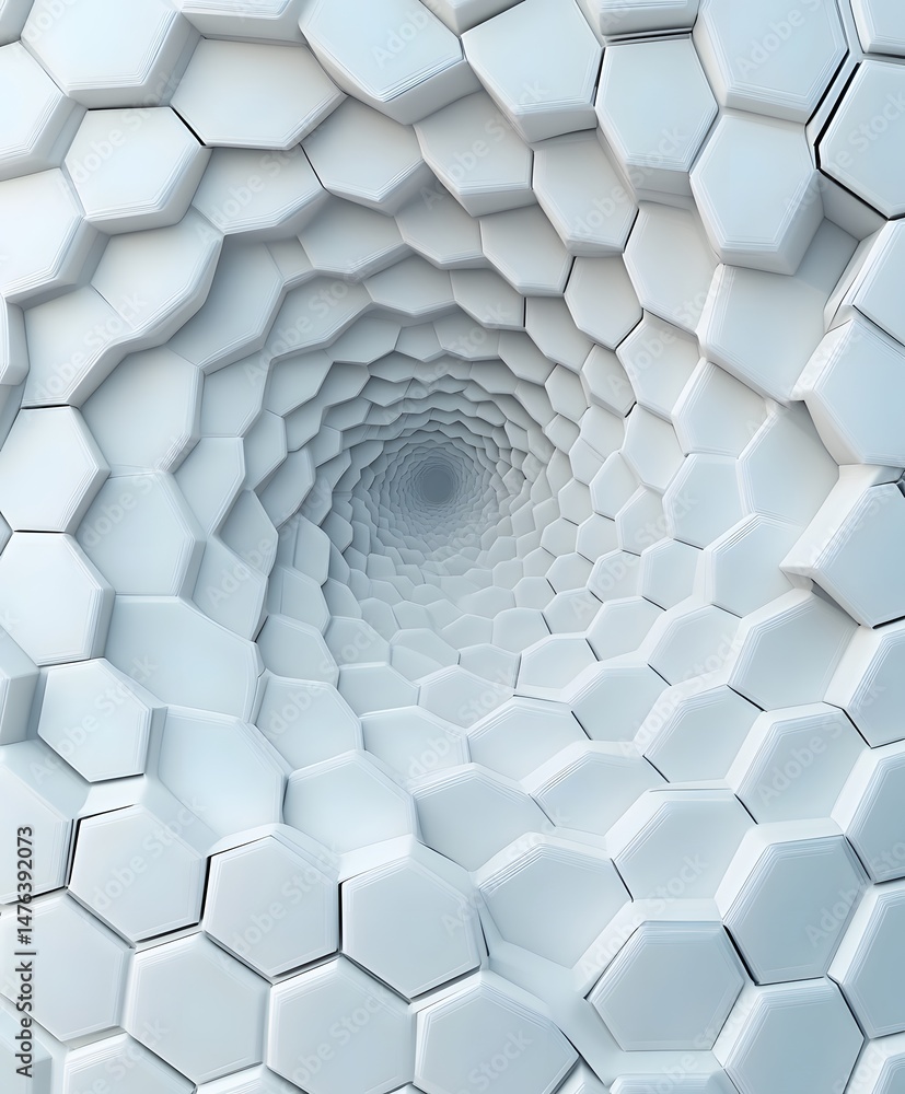 Poster a mesmerizing abstract tunnel of white, formed by an intricate pattern of hexagonal tiles, inviting 