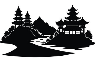 Silhouette of an Ancient Village with Pagodas and Trees – Historic Vector Design