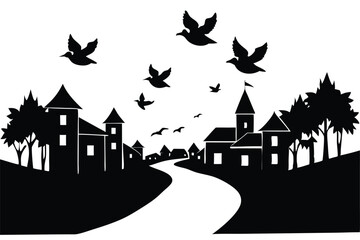 Silhouette Village Scene with Canals and Flying Birds – Scenic Nature Illustration