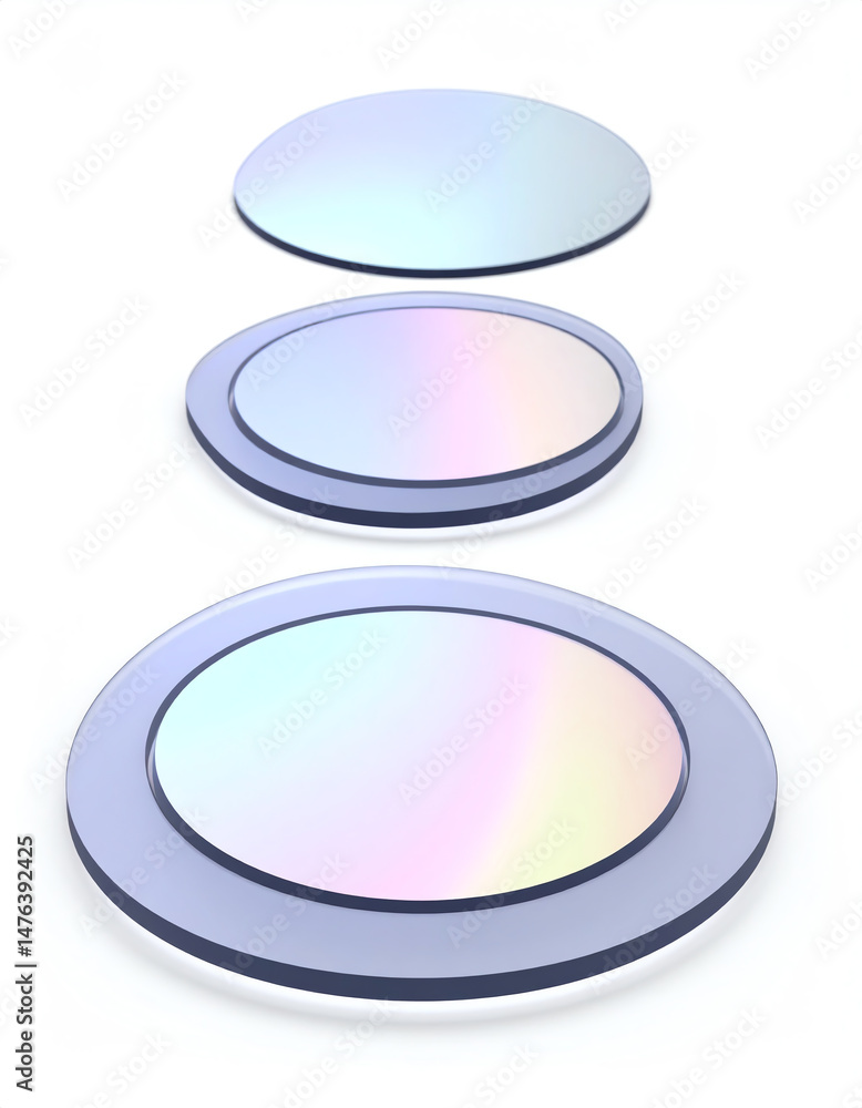 Poster three glossy, circular objects with subtle iridescent colors arranged in a vertical line against a w