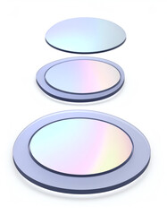 Three glossy, circular objects with subtle iridescent colors arranged in a vertical line against a...