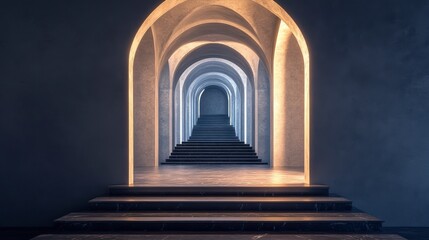 Fototapeta premium Illuminated arched hallway with stairs leading to a vanishing point.