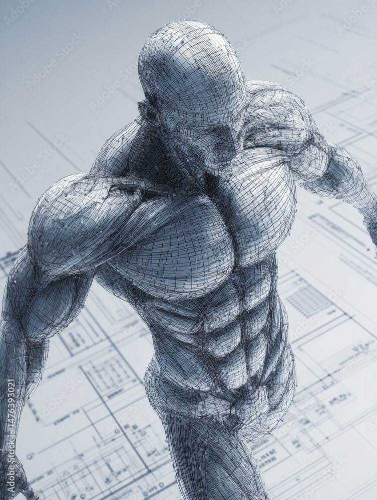 Poster 3d wireframe representation of human muscle structure showcasing anatomical details and sleek design