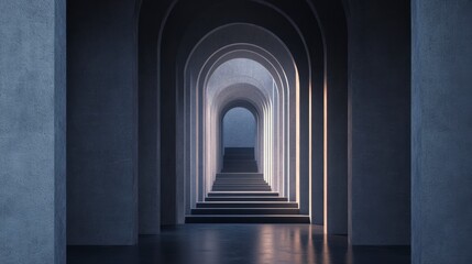 Serene pathway with arched hallways and steps leading to light.