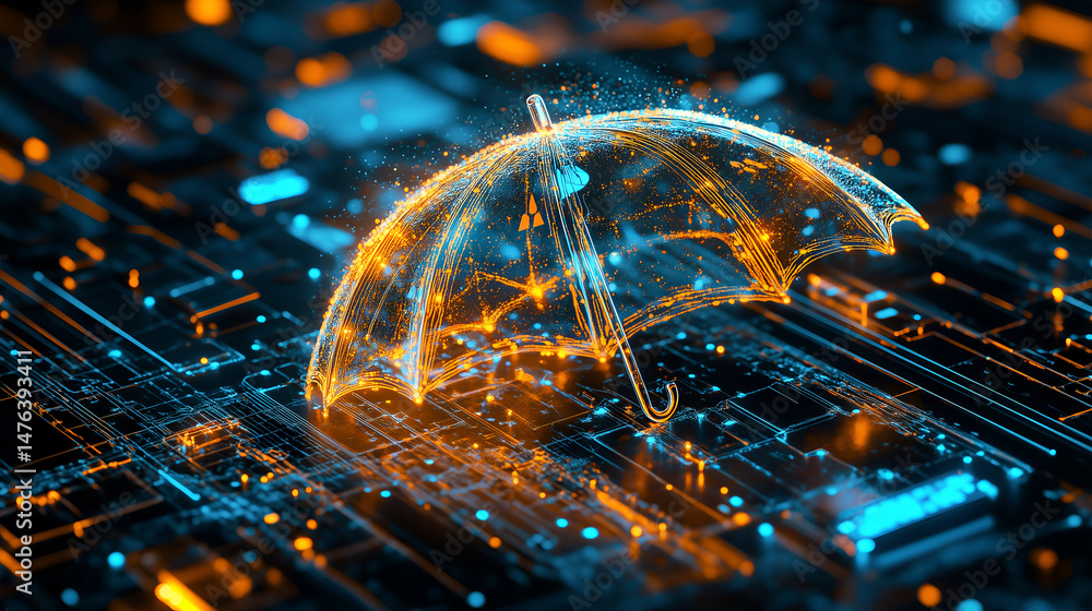 Poster digital umbrella, symbolizing protection and security in a network. the image highlights data safegu