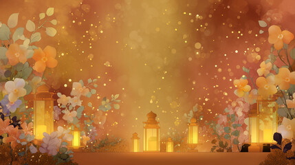 Divine celebration, gradient banner copy space for text, religious ceremony scene with glowing lanterns and flowers decorating the altar, gold to orange gradient background