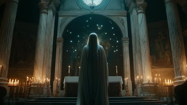 Woman in cloak standing before altar in candlelit cathedral. Mystical religious ceremony. Christian church service, Easter vigil, or All Saints' Day.