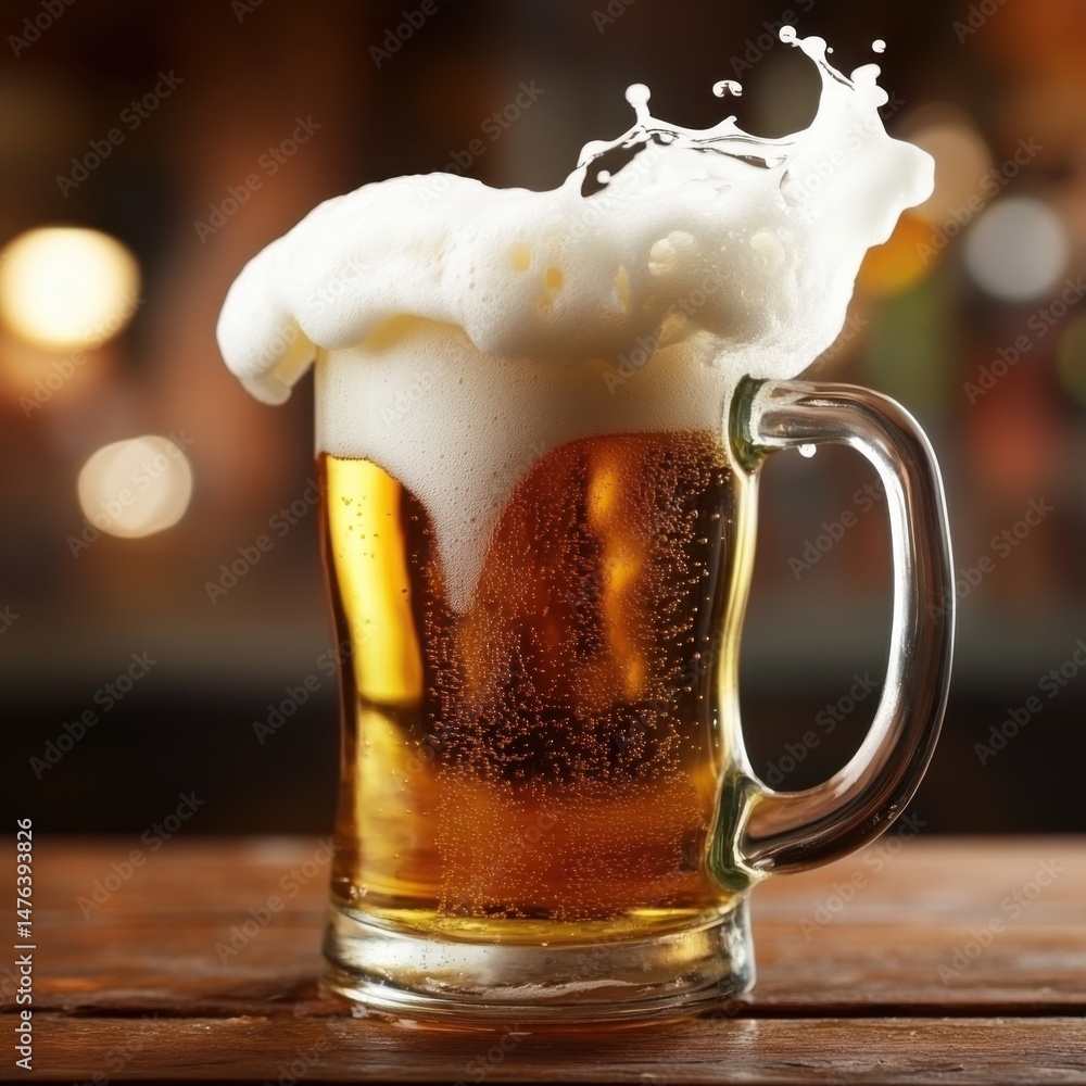 Poster close-up of a refreshing beer mug with overflowing foam and splash on a wooden table in a bar settin