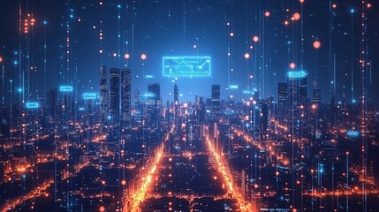 Futuristic cityscape with AI-powered business intelligence holograms floating in the air 