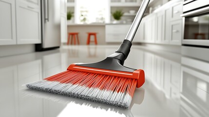 Close up of a high-tech broom with rotating bristles, placed on a bright, gleaming modern kitchen floor with reflections of surrounding decor