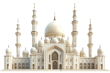 Majestic ivory mosque with towering minarets against a clear background creating architectural elegance