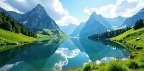 Jagged peaks reflecting in a still lake, vibrant green meadows , reflection, alpine