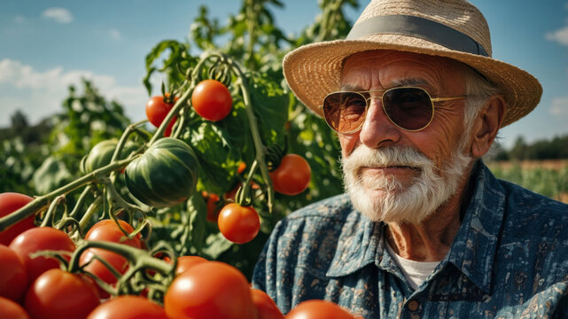 A smiling senior man in a straw hat surrounded by ripe tomatoes in the sunshine.