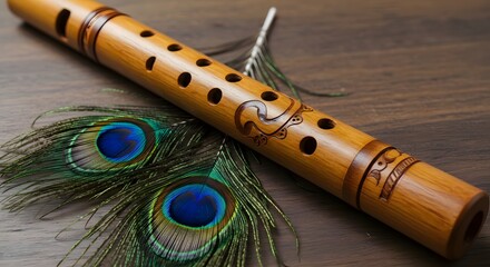 Fototapeta premium Wooden Flute with Peacock Feather