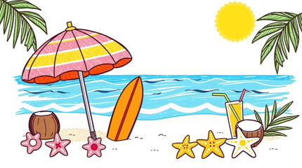 Summer Beach Scene Illustration Colorful Umbrella Surfboard Starfish Coconut Drinks Tropical Vacation Fun Relaxing Holiday Seaside Paradise Sandy Shore Ocean Waves Sunny Day Tropical Getaway Perfect  