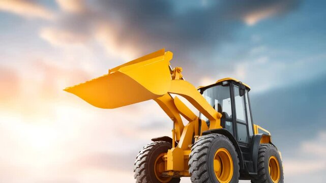 The Mighty Yellow: A bold construction machine stands majestically, its vibrant yellow form commanding attention against the backdrop of an expressive, sun-kissed sky.