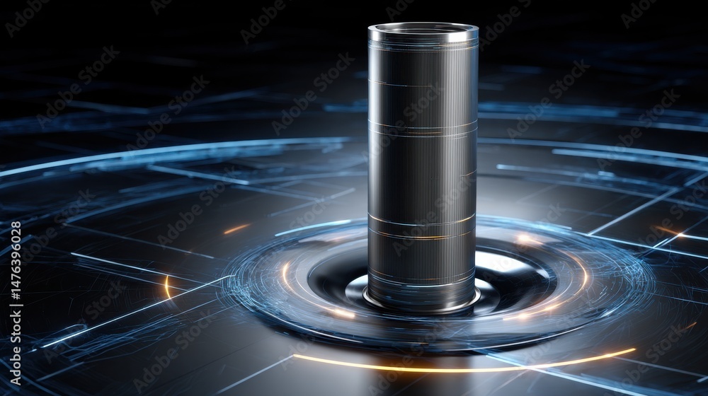 Poster a tall, cylindrical object is sitting in a hole in a blue and orange background