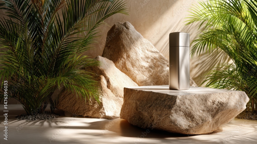 Poster a rock sits in front of a palm tree, with a silver object on top of it