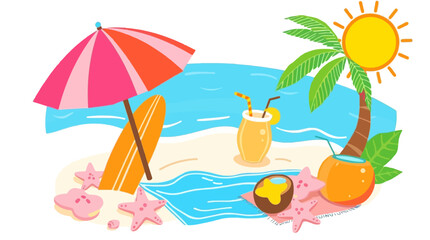 Summer Beach Vacation Tropical Paradise Illustration Bright Colorful Design Fun Happy Holidays Ocean Surfboard Umbrella Cocktails Sandy Beach Starfish Relaxation Tropical Drink Summertime Vacation Fun