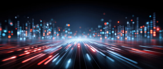 Fototapeta na wymiar Digital light streaks trade deal with futuristic cityscape glowing in blue and red lights creating dynamic technology background