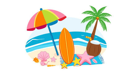 Vibrant Summer Beach Scene Illustration Colorful Umbrella Surfboard Palm Tree Starfish Tropical Vacation Design Element Bright Sunny Day Ocean Wave Sandy Beach Relaxation Holiday Fun Tropical Paradise