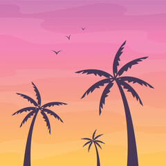 Palm trees against the sunset sky. View from below. Sunset in the tropics. Banner, postcard.