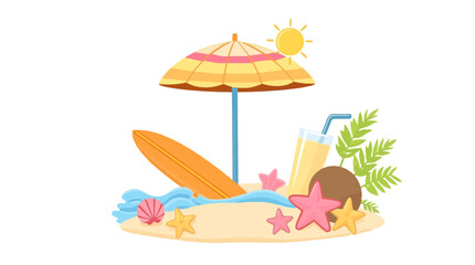 Summer Beach Scene Illustration Tropical Vacation Design Bright Sunny Day Surfboard Umbrella Coconut Drink Starfish Seashells Sandy Beach Summertime Relaxation Holiday Fun Tropical Paradise Vacation  