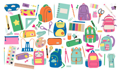 Cute school stationery and Art Supplies big Set, cartoon style. Kawaii accessories for study, student equipment. Back to school. Trendy modern vector illustration isolated on white hand drawn flat doo