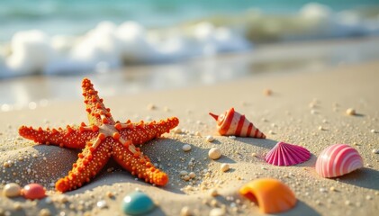 Tide pools reveal starfish and colorful shells on a sandy beach , sea, vibrant, sand