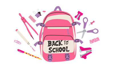 Back to school label. School Background Poster Card. Sale tag. Flat vector illustration. Hand drawn lettering badge. Typography emblem