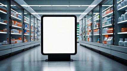 Modern supermarket aisle with blank digital billboard, stocked shelves, and bright lighting, showcasing retail space and advertising opportunity