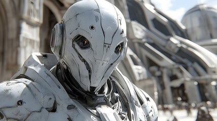 A futuristic robot, white armor, detailed face, stands before a large, ancient-style building.  The scene suggests a blend of old and new worlds