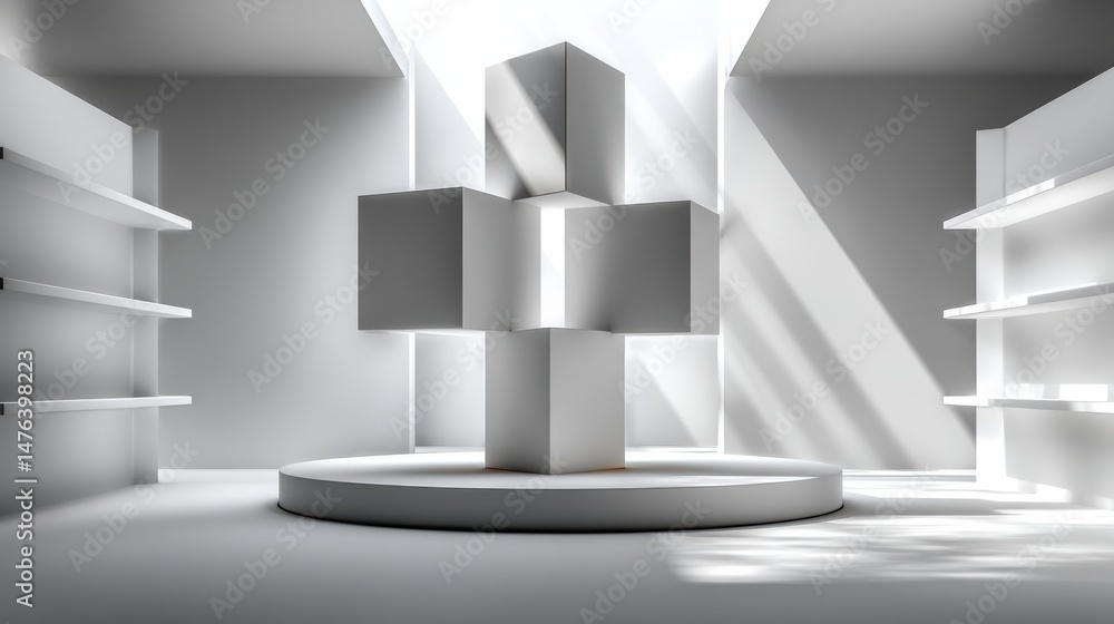 Poster A white room with a cube structure in the center