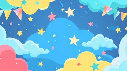 Flag Day Cloud Background: Red Flags Soar Among the Clouds, Painting a Celestial Poem of the Dance between Fluffy Clouds, Glowing Rays and Fluttering Flags