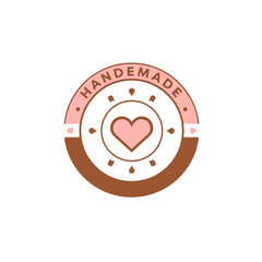 Handmade Product Label Design Pink Brown Heart Craft Vintage Retro Style Badge Emblem Circular Logo Template for Small Business Branding Cute Lovely Elegant Romantic Decoration Vector Illustration    