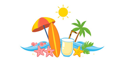 Summer Beach Vacation Tropical Paradise Illustration Design Bright Colorful Fun Sun Surfboard Umbrella Drink Starfish Ocean Waves Holiday Relaxation Tropical Vibes Perfect Summertime Image Summertime 