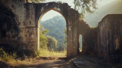 Ruined archway revealing a verdant landscape.