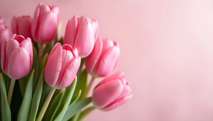 Fototapeta premium A bouquet of pink tulips on a soft pink background