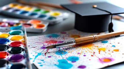 Obraz premium Graduation cap and watercolor palette beside splattered artwork on a table