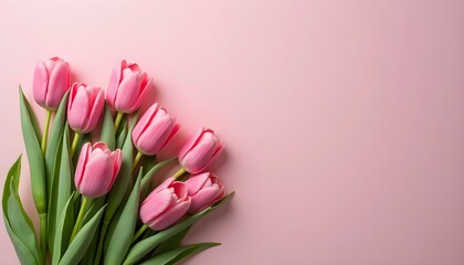 A bouquet of pink tulips on a pastel pink background