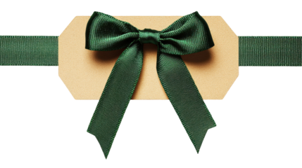 Elegant Green Ribbon Bow with Cork Label on a Transparent Background for Creative Packaging Designs