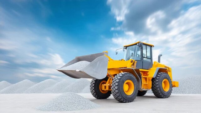 Yellow Front Loader Excavator: A powerful yellow front loader excavator with a large bucket is working on a construction site, moving and loading large amounts of gravel.