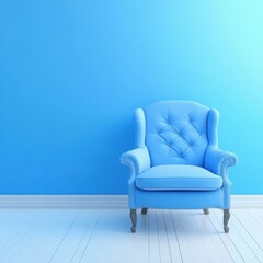 Blue armchair against wall in studio shot; front view of upholstered furniture, minimalist interior design, monochrome color scheme, home decor concept