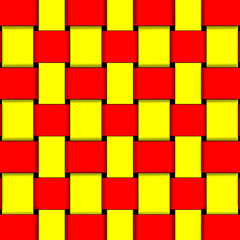 Red and yellow woven pattern background. Interlocking rectangular pieces create a textured basket weave effect. A design suitable for backgrounds, textiles and decorative purposes.