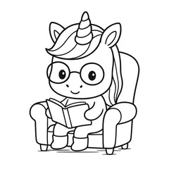 Coloriage licorne mignonne assise qui lit avec des lunettes