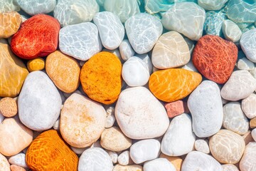 Overhead view of colorful pebbles submerged in clear water under natural light reflections