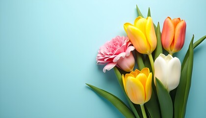 Fototapeta premium A bouquet of colorful tulips and a pink carnation on a pastel blue background