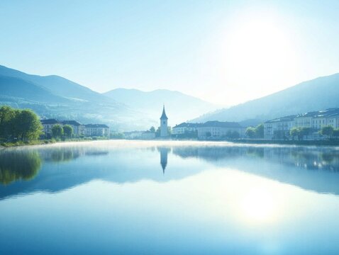 Serene Lake View of Velden am W&ouml;rthersee Austria at Sunrise with Church Reflection and Mountain Backdrop in Soft Light