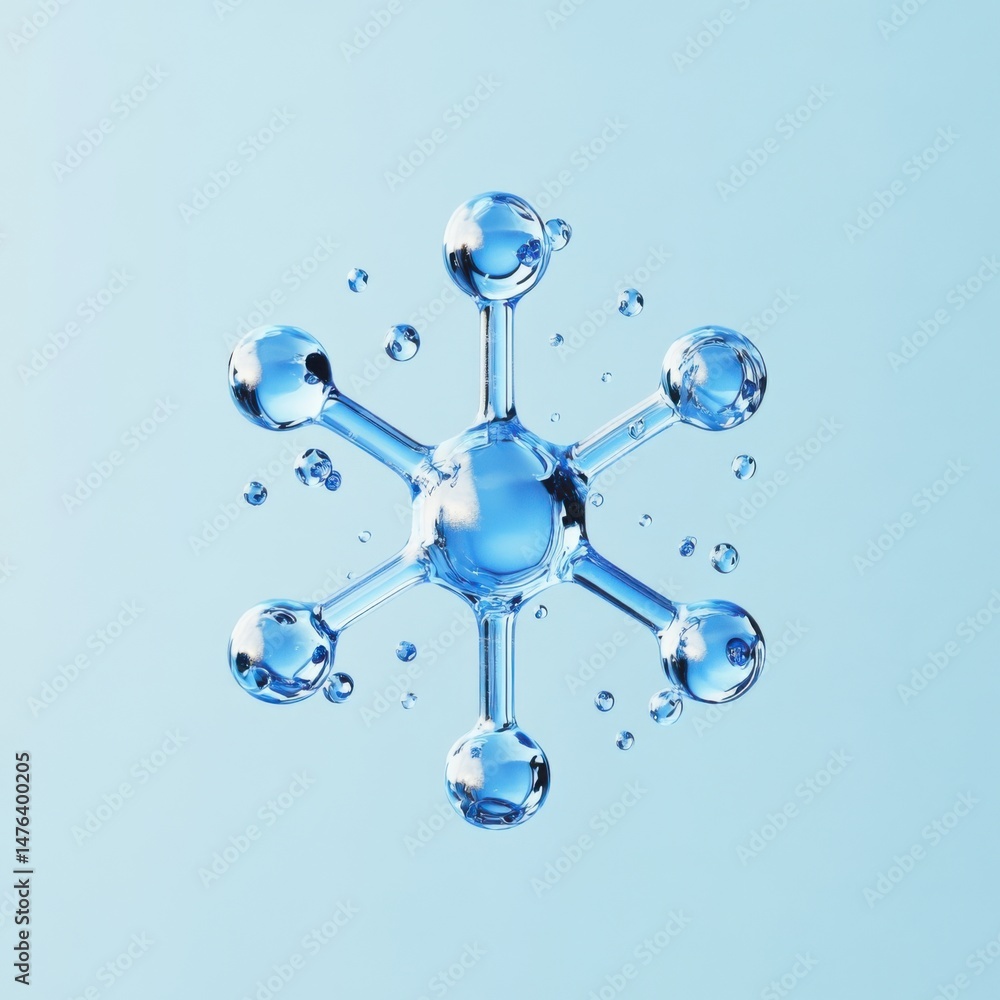 Poster molecular structure visualization of water molecule with spherical nodes and droplets on light blue 